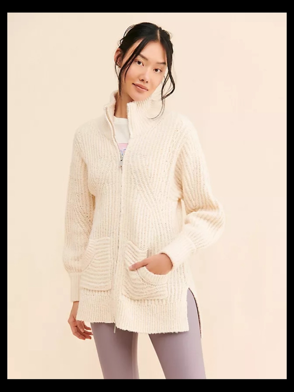 Pilcro Cozy Cream Zip-Front Knit Sweater, Medium
